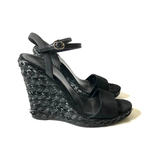 Barneys New York Fania Wedge Sandals Womens 38 8 Black Leather Espadrille Shoes - Picture 2 of 8